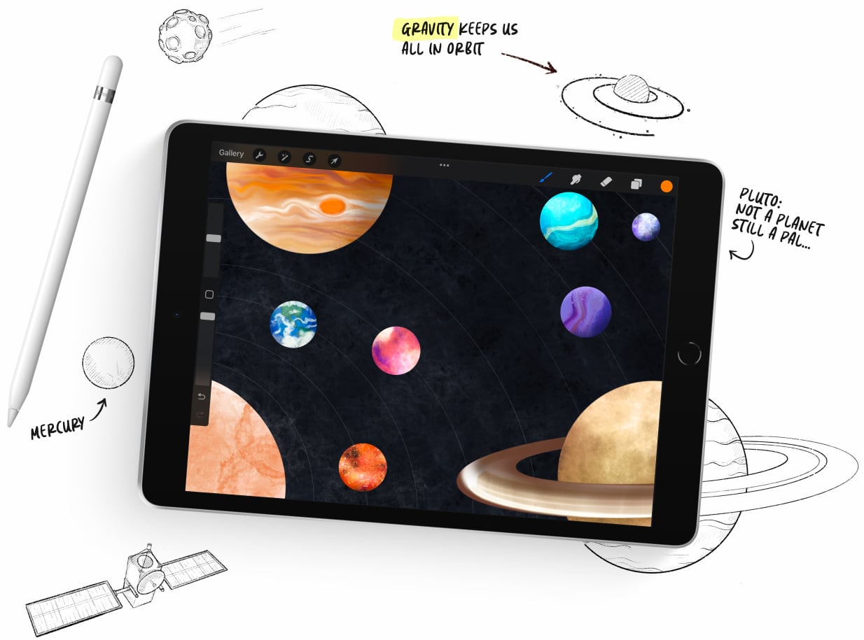 Diagram featuring an iPad and apple Pencil using the Procreate app. A colorful illusration of the Solar System is shown within the iPad, and some sketched element explode outwards filling the space outside of the iPad.